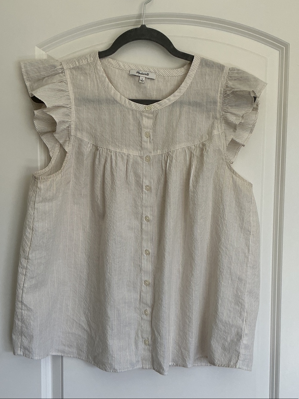 Madewell Cream and Beige Striped Ruffle-Sleeve Button-Up Top